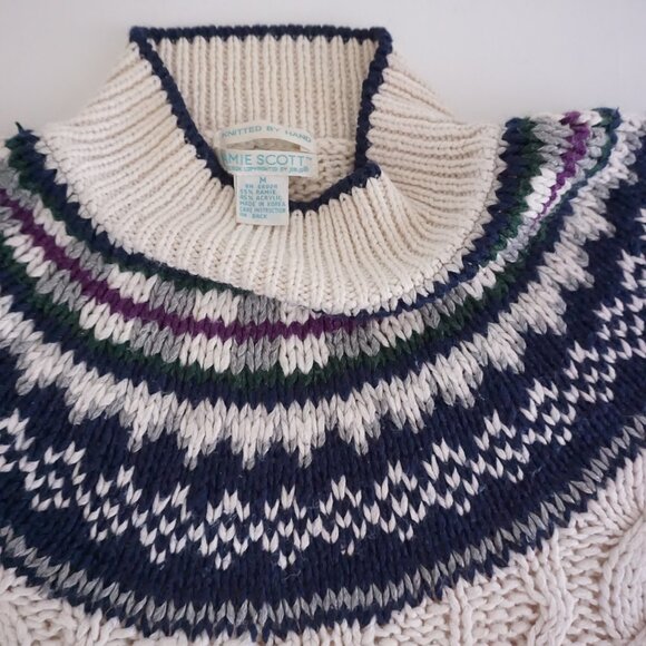 VTG Jamie Scott Cream Navy Cable Knit Fair Isle Sweater Old Money Cabincore M - Picture 8 of 9